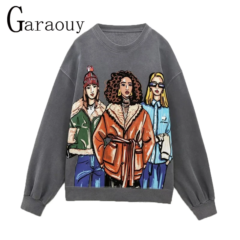 

Garaouy 2023 Women Spring Autumn New Fashion Printing Basic Sweatshirts Vintage O Neck Long Sleeve Female Pullovers Chic Tops