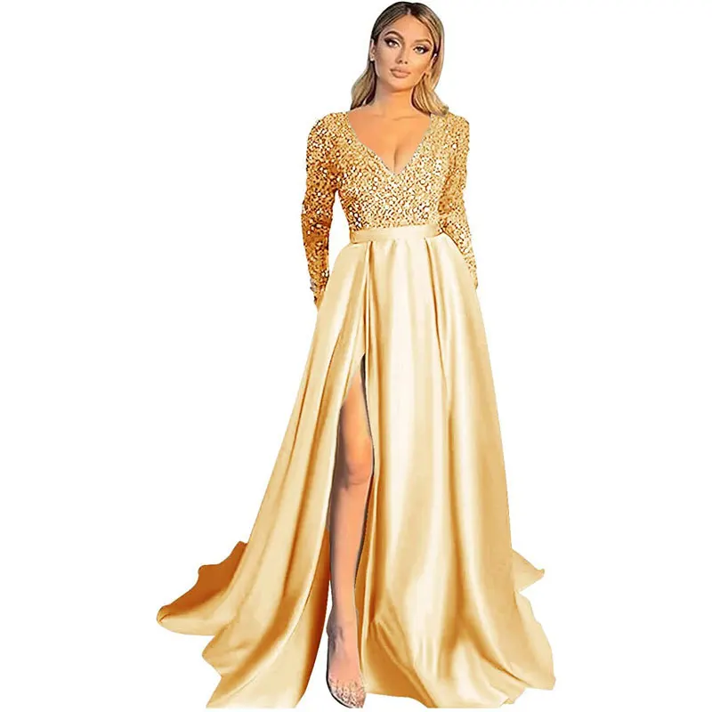 Customized A Line Women Evening Dresses V Neck Long Sleeve Prom Party Gowns Sequins Side Slit Vestido De Noche robes de soirée