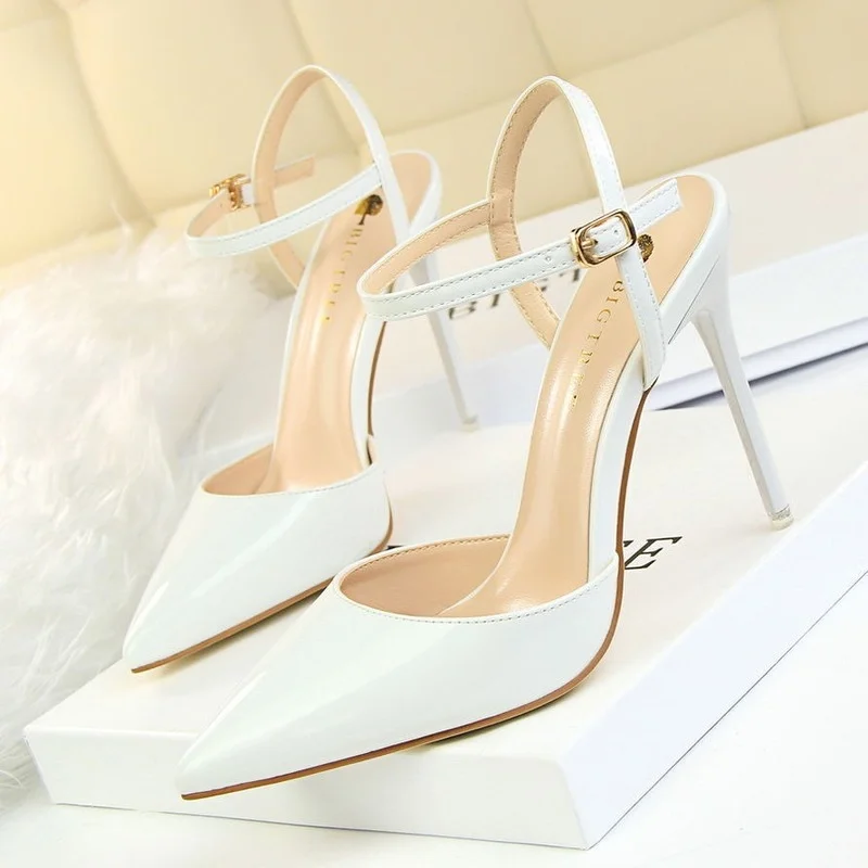 

Ladies High Heels Shallow Mouth Pointed Patent Leather One Word Belt Women Sandals Fashion Simple Office Women's Shoes 2022 New