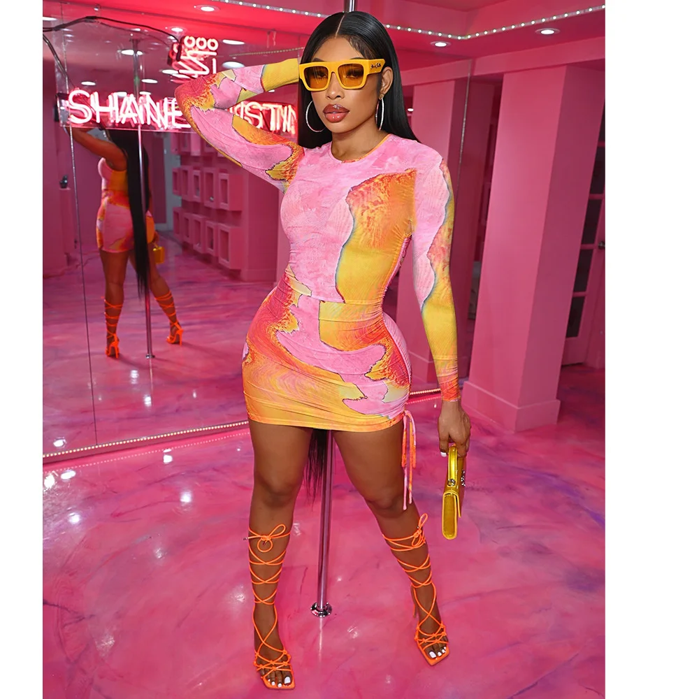 

SUJYing New Fashion Women's Sexy Sheath Tie Dyed Print Round Neck Drawstring Dress