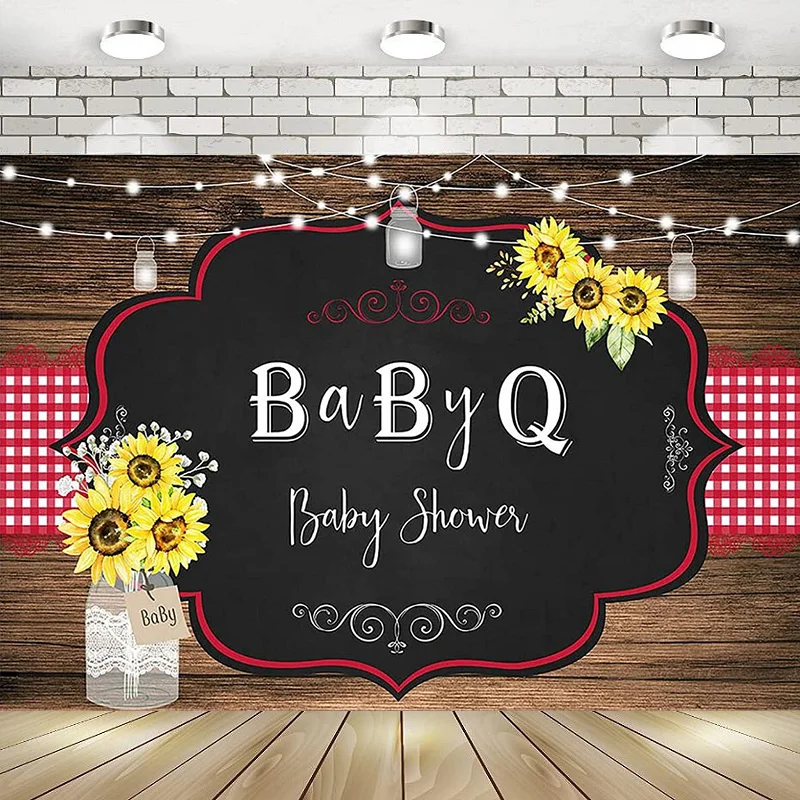 

BBQ Photography Backdrop Country Rustic Sunflower Baby Shower Background String Lights Wood Banner Decor Happy Birthday Party