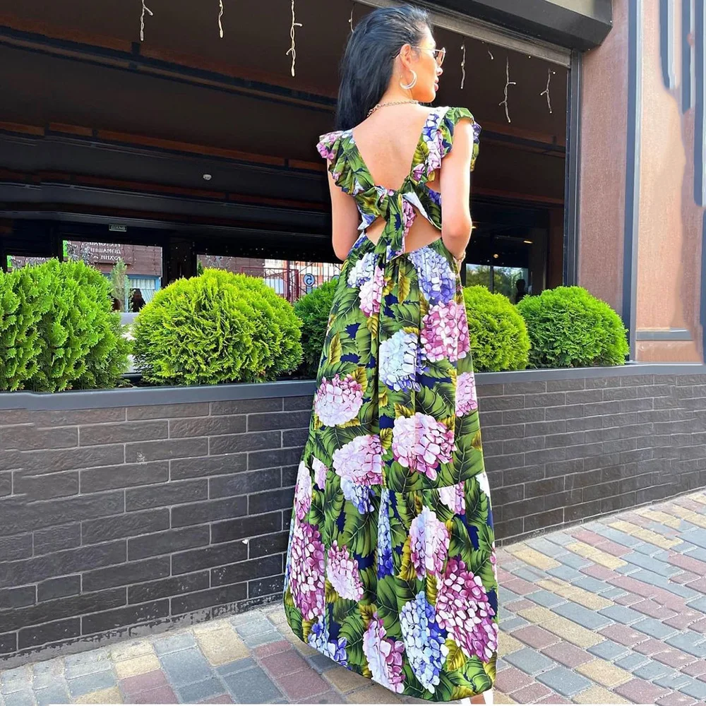 

2022 Spring Summer Sexy Women's Wear Backless Dress Long Maxi Ruffles Square Neck Green Flower Long Sleeveless Sexy Loose