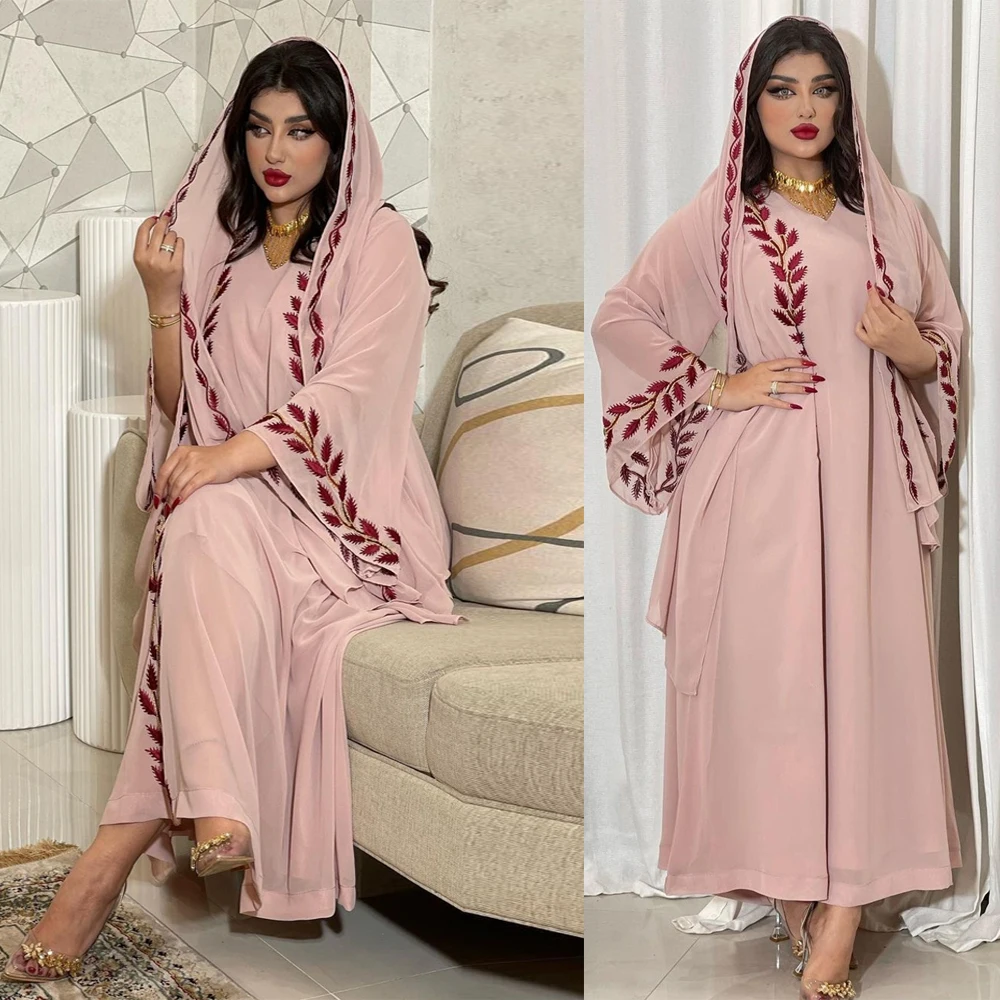 

Women's Summer Muslim Abaya Robe Headscarf Hijabs 2pcs Set Chiffon Leaves Embroidery Dress Indian Arab Islamic Moroccan Kraftan