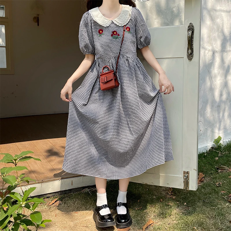 

New Summer Janpanese Preppy Style Fashion Plaid Turn-down Collar Brief Dress Women Sweet Cute Dresses Elegant Girl Clothing