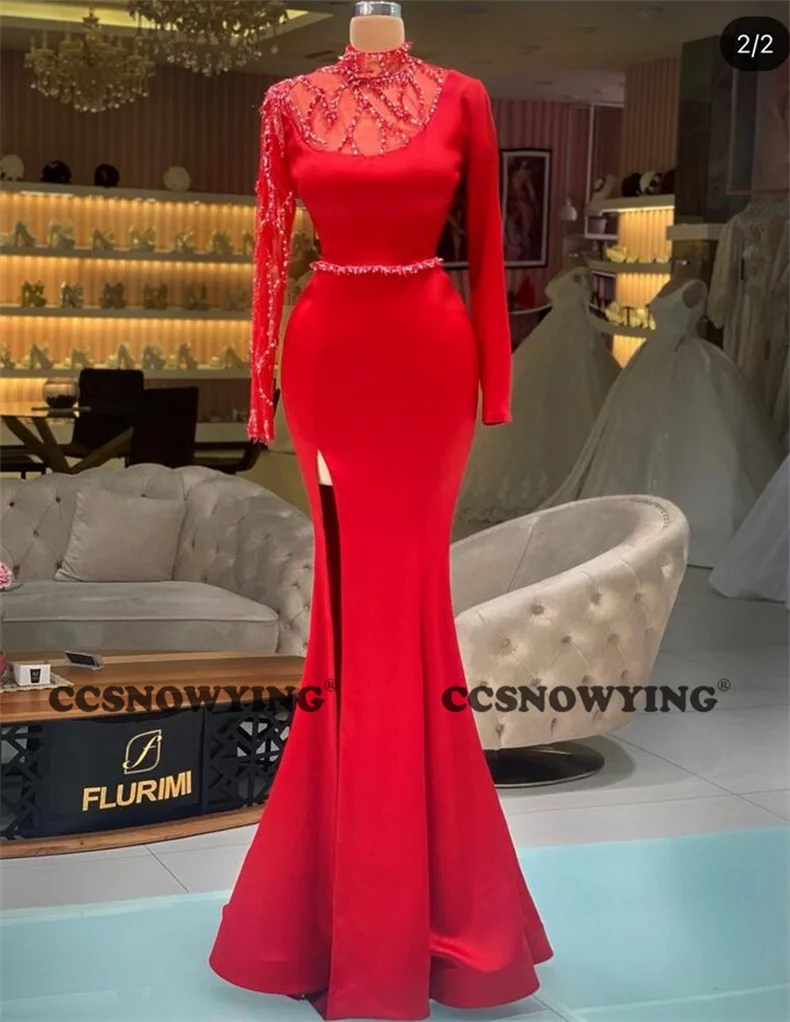 

Красное атласное платье для выпускного вечера с бусинами и разрезом, вечерние платья с длинным рукавом, женское официальное платье, платье для вечеринки