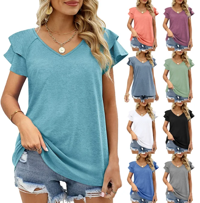 

Solid V-neck Double Ruffle Sleeve Loose Top T-shirt