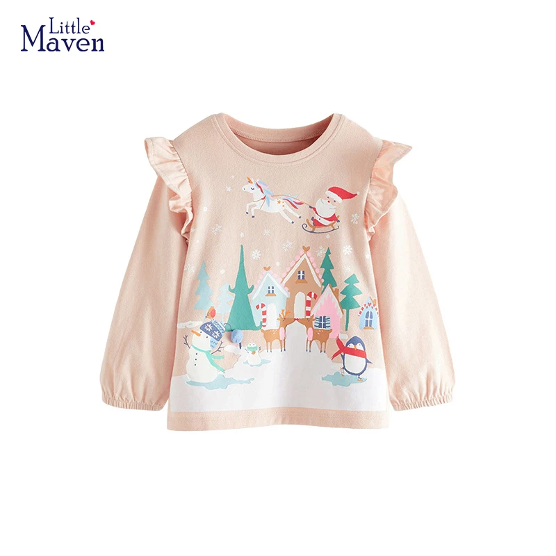 

Одежда для девочек Little maven 2023, новые модные топы, мультяшная Рождественская футболка для снежного человека, хлопковая футболка для детей и девушек