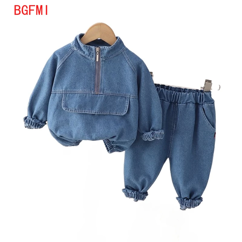 

Korean Children's Clothing Autumn Half Zipper Pullover Boys' Coat Spring Denim Outerwear Jeans Two-piece Suit Kids Girl Clothes