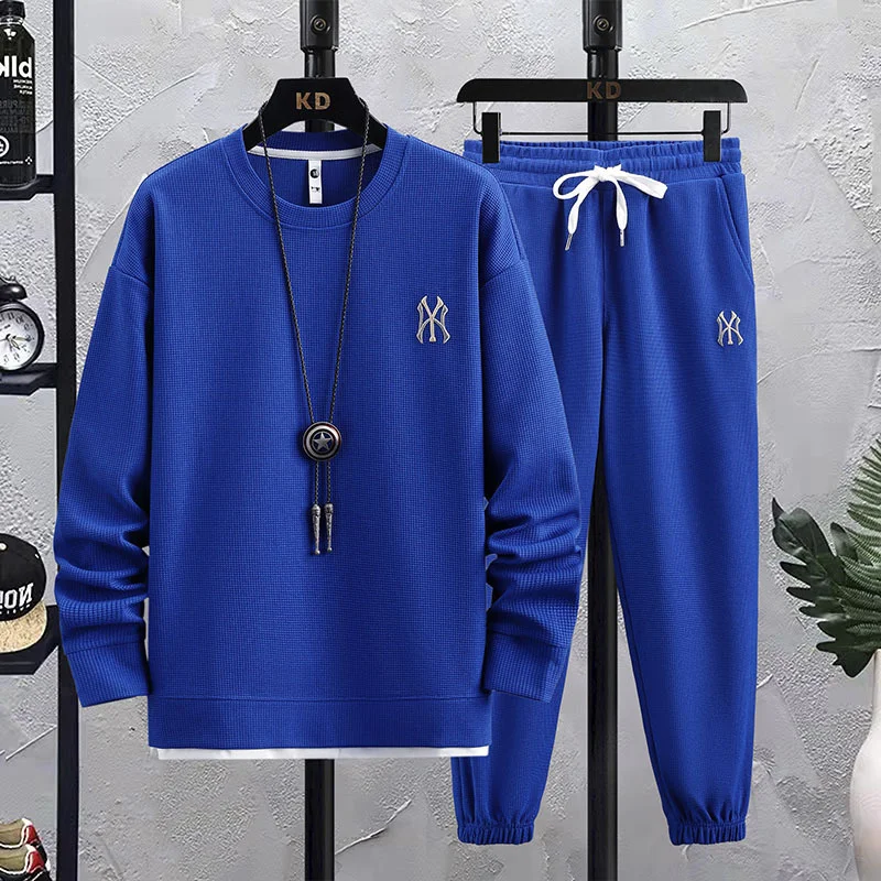 

2023 new Tiktok live fashion brand sports and leisure suit men's waffle sweater pants two-piece set