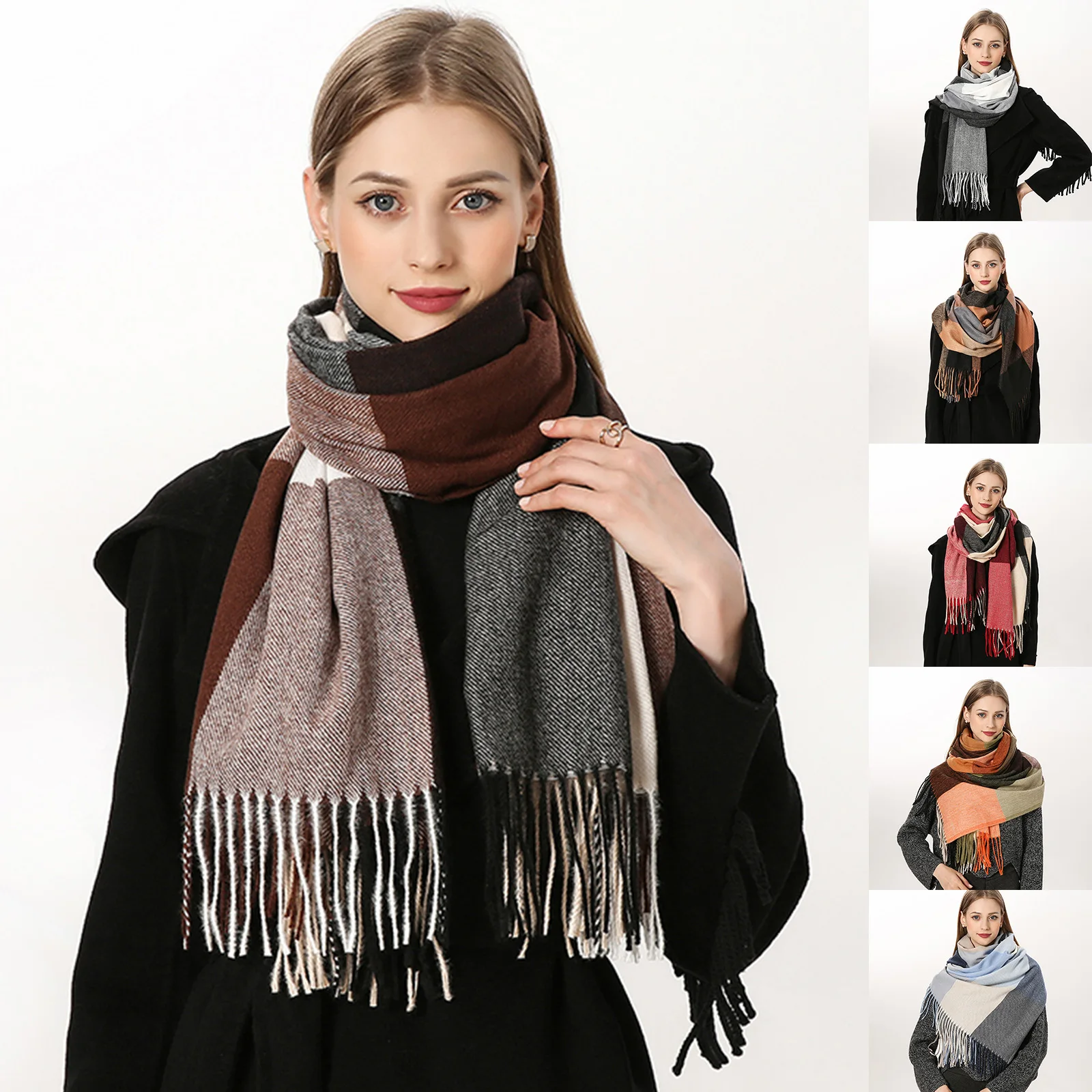 

Женский клетчатый шарф с принтом и кисточками, длинный осенне-зимний женский длинный шарф с длинной кисточкой, плотный платок, шаль