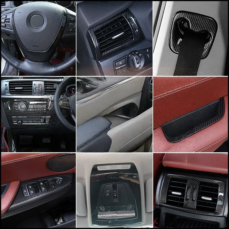 Фото Для BMW X3 F25 10-17 X4 F26 14-18: накладки из карбона на внутреннюю панель управления (КПП, климат-контроль, CD-плеер), дверные поручни и накладки на подлокотники. №1