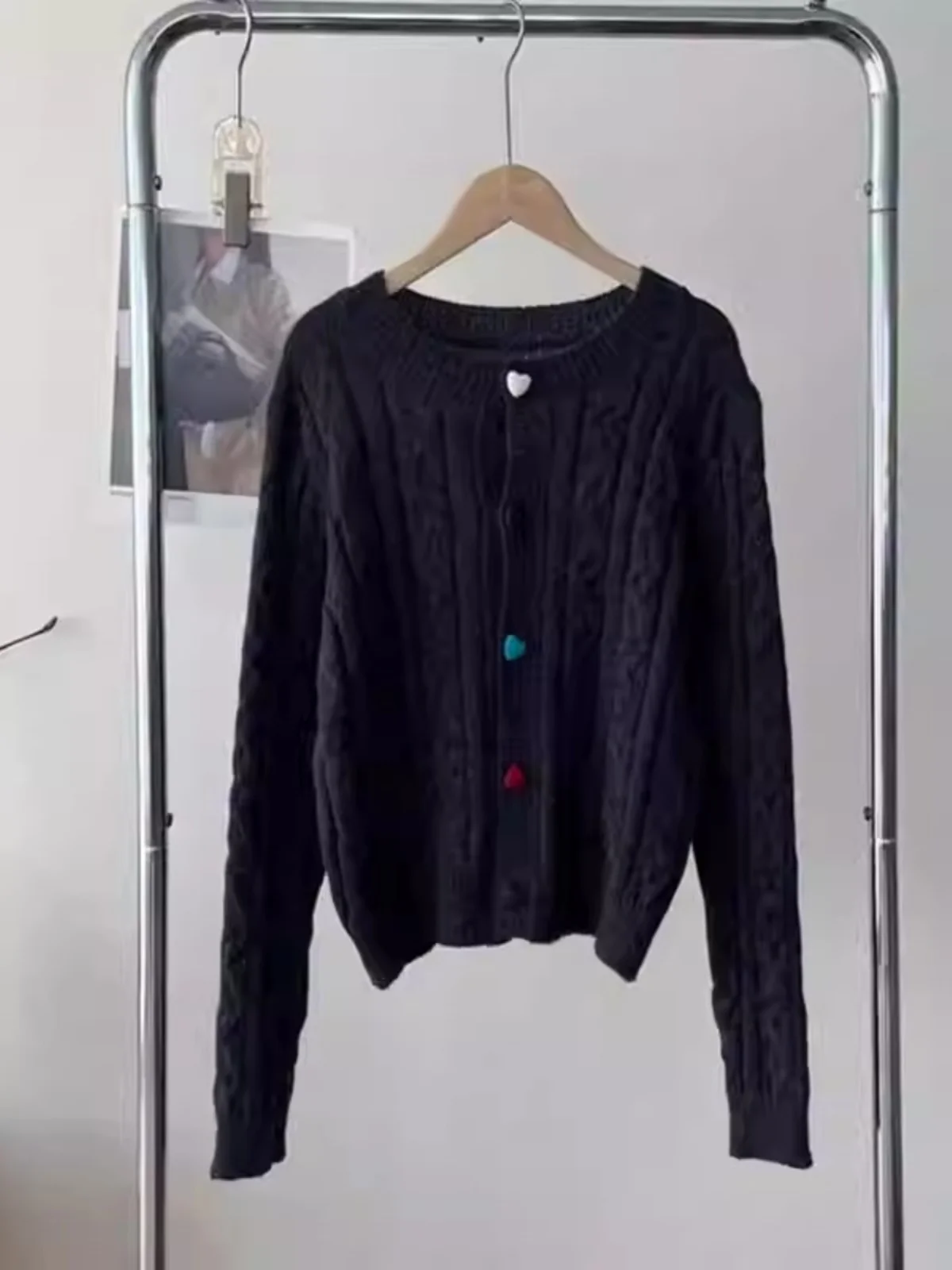 2024 Autumn and Winter All-Matching Retro Twist Color Love Button Solid Round neck sweater Knit cardigan Long sleeve Women's ...