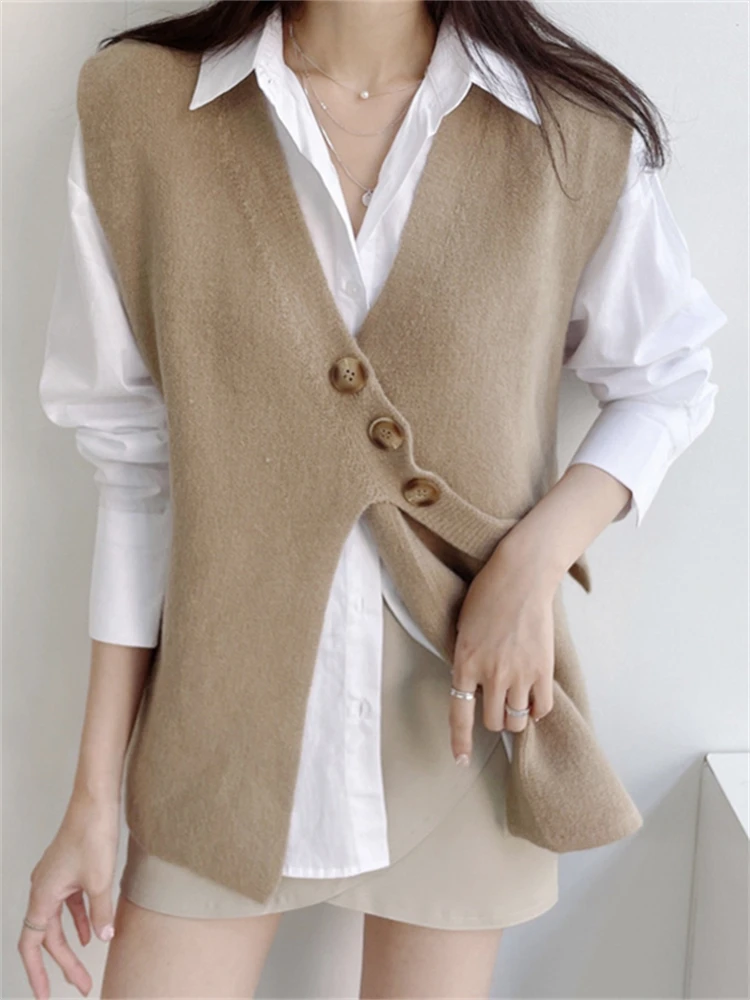 

Зимний женский вязаный жилет, Свитер оверсайз, свитер для девочек, женские Кашемировые топы без рукавов, пуловер на бретелях, осень, макси, в...