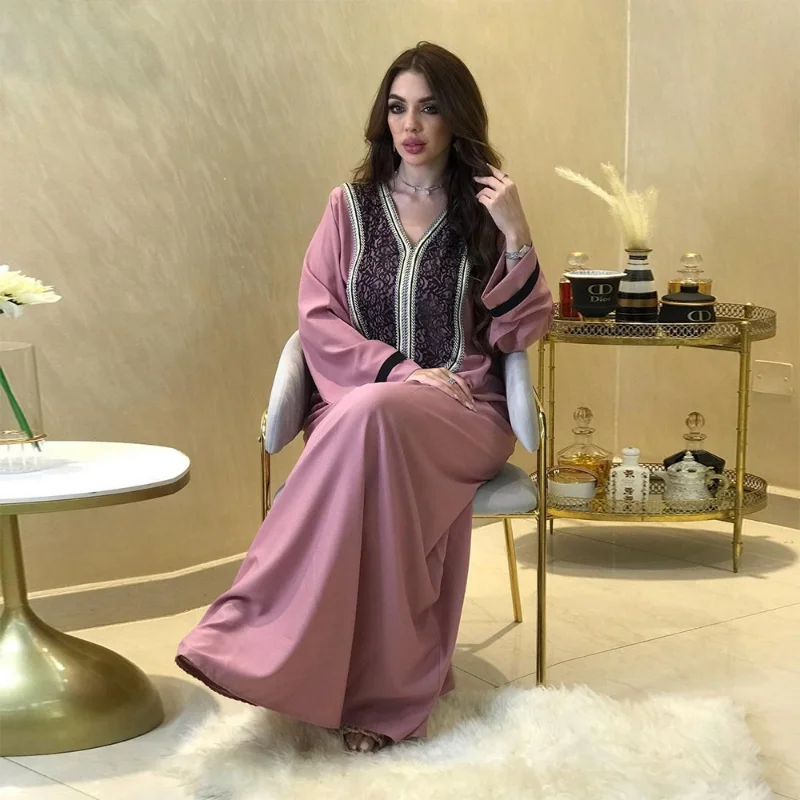 Muslim Fashion Dress Southeast Asia Lace V-Neck Temperament Middle East Moroccan Kaftan Abaya Kimono Islamic Clothing Jalabiya