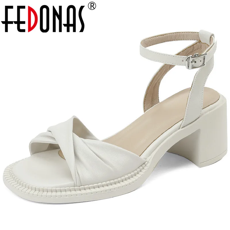 

FEDONAS Women Genuine Leather Sandals Fashion Concise Ankle Strap Pumps Genuine Leather Thick High Heels Shoes Woman 2022 Summer