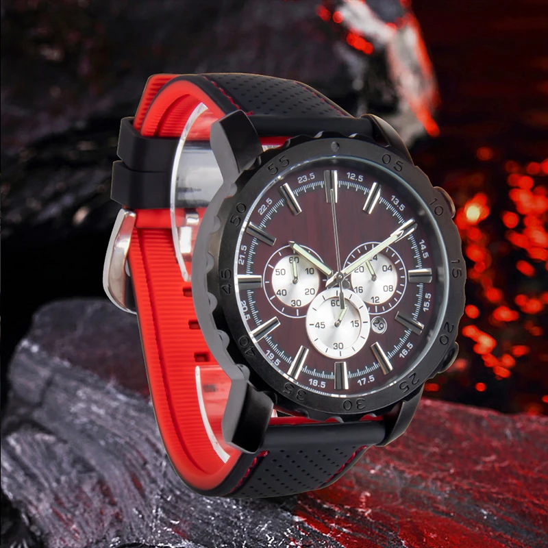 

Часы мужские кварцевые, модные водонепроницаемые светящиеся наручные часы с тремя циферблатами и шестью иглами, с силиконовым ремешком