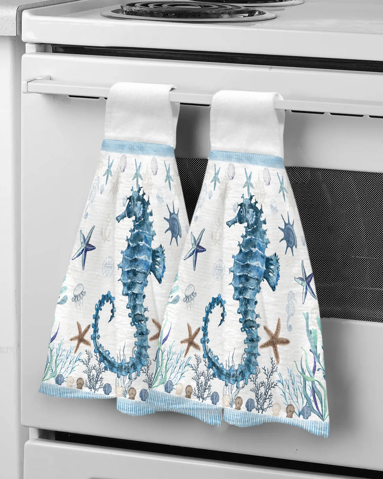 

Mediterranean Style Ocean Starfish Seahorse Stripes Hand Towels Kitchen Tools Hand Towel Hanging Wipe Absorbent Towels