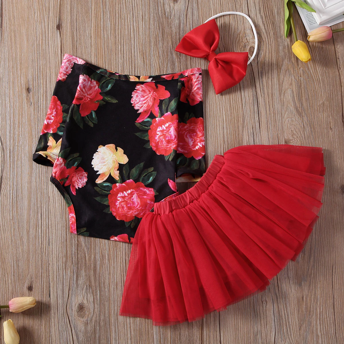 3PCS Floral Print Romper Jumpsuit+Tutu Skirt+Headband Outfit Set Newborn Baby Girl Clothes Sets images - 6