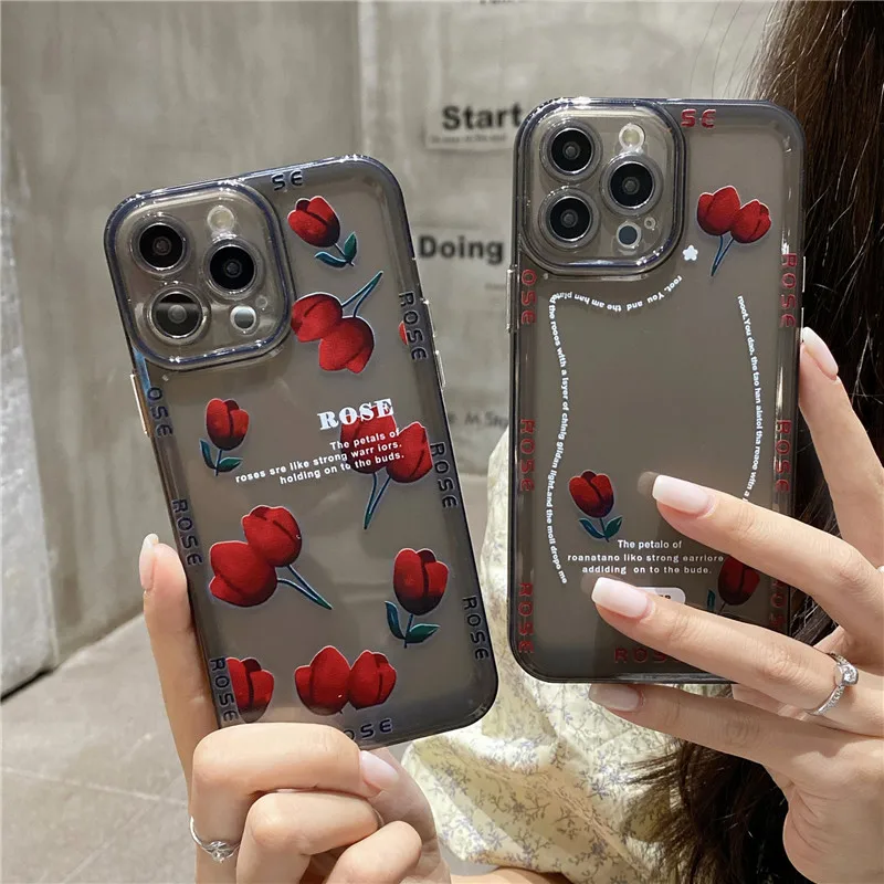 

Transparent Clear Cute Tulip Soft TPU Phone Cases For iPhone 7 8 Plus X XR XS 11 12 13 14 Pro Max Silicone Soft Back Cover Coque