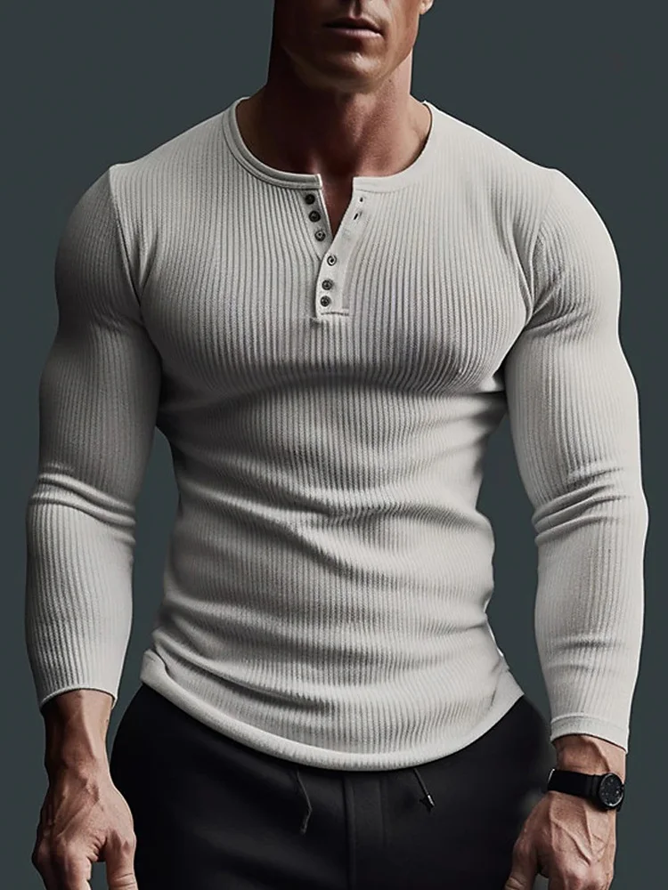 

Модный топ с V-образным вырезом, мужские однотонные футболки с длинным рукавом, простые мужские пуловеры в стиле пэчворк на пуговицах, уличная одежда для весны и осени