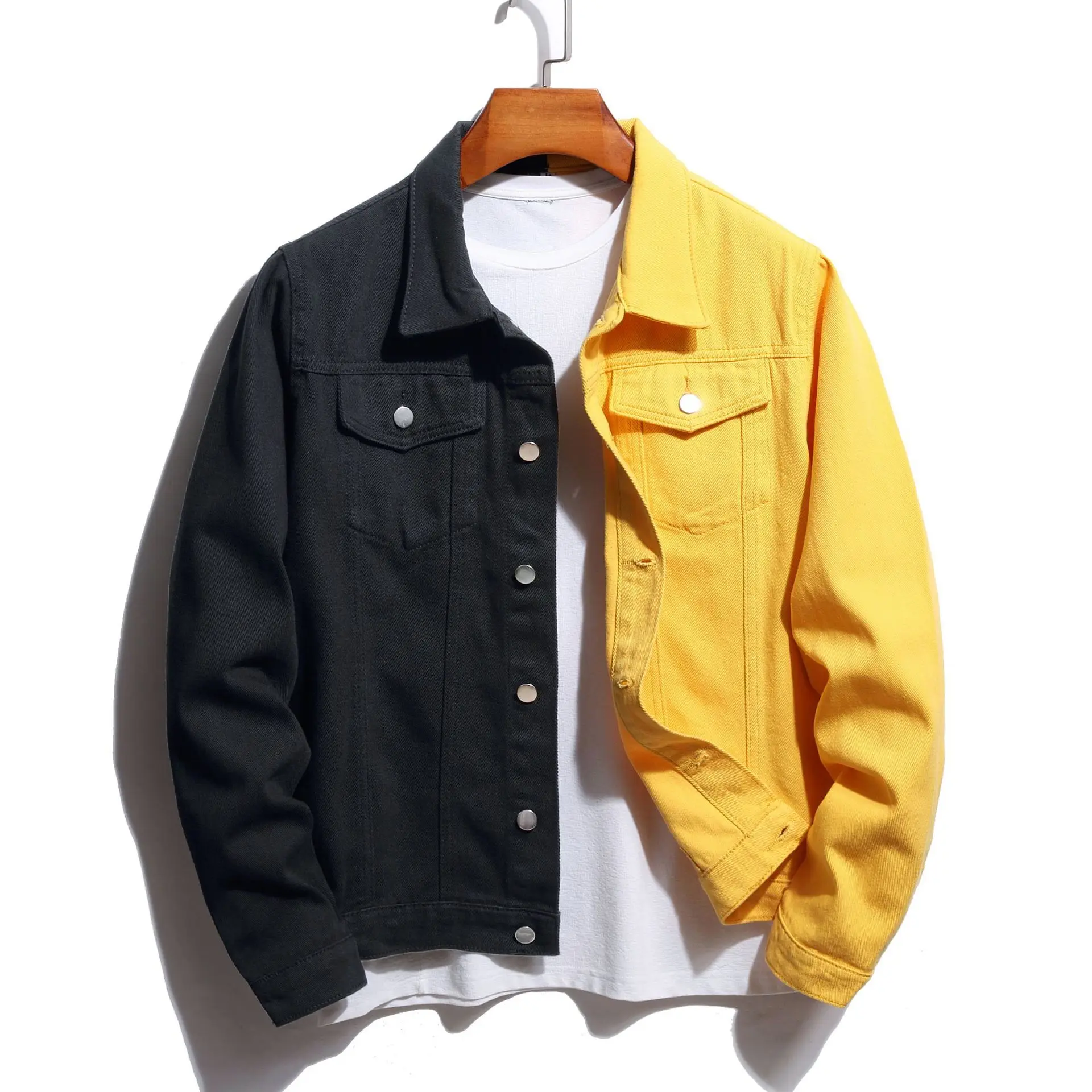 

2023 Men's Spring and Autumn New Patchwork Two-Color Denim Jacket Youth Black and Yellow Fashion Colorblock Denim Jacket