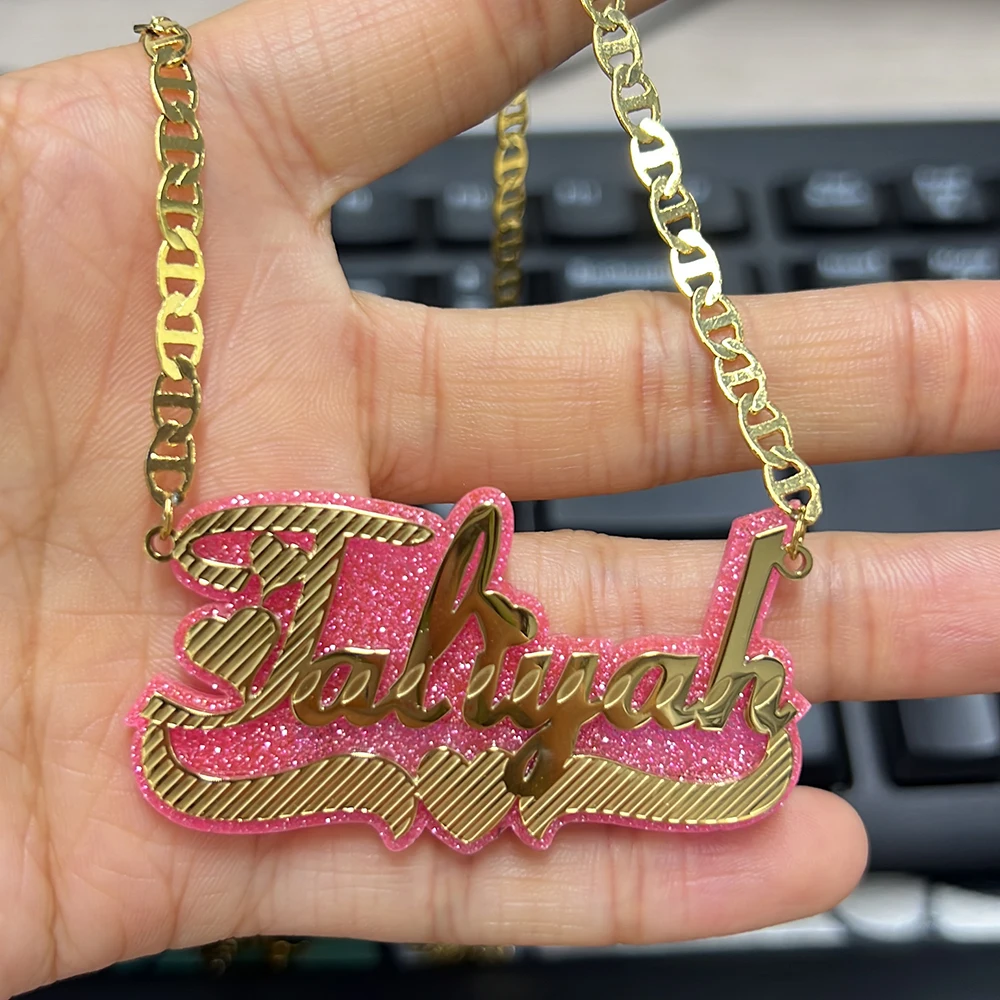 Uwin Glitter Letters Acrylic Personalized Name Necklace Stainless Steel Name Plate Customer Pendants Jewelry Accessories