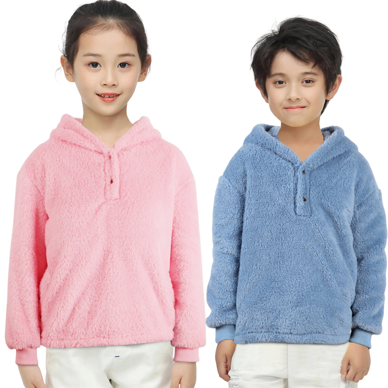 

Флисовый свитер с капюшоном для девочек, повседневные Пуловеры на пуговицах спереди, зимнее теплое пальто, детская однотонная верхняя одеж...