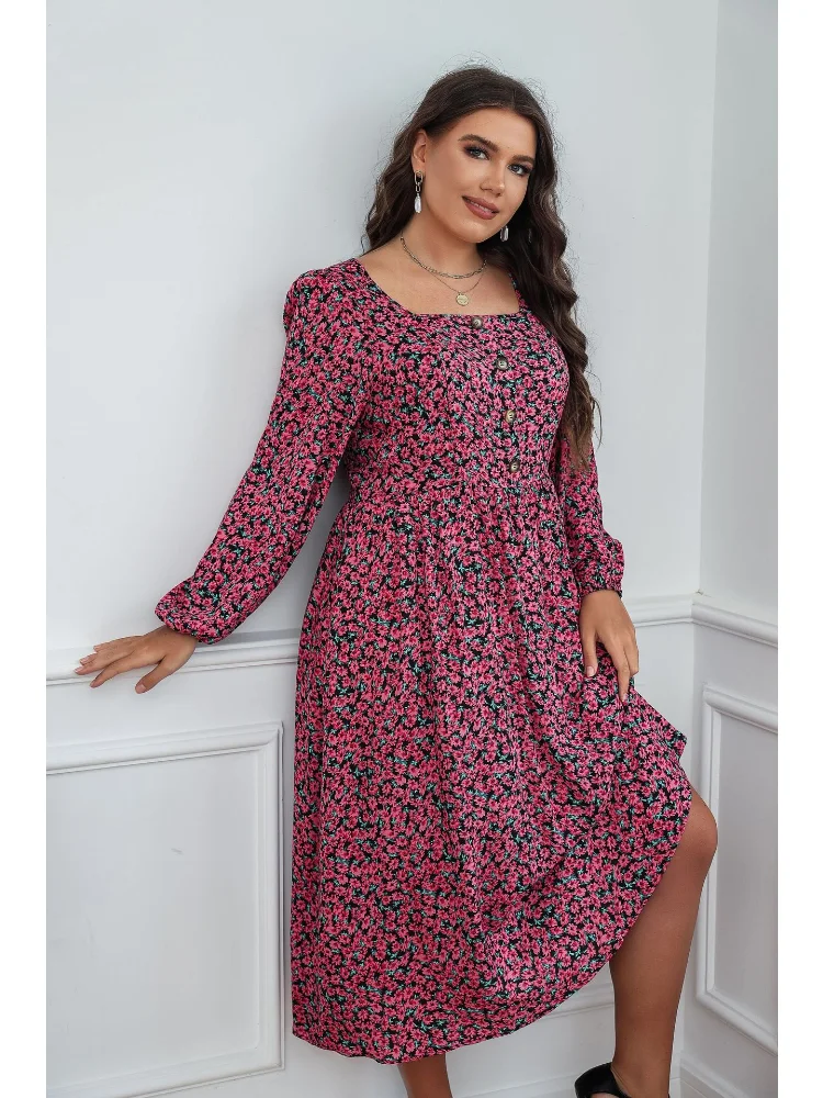Summer New Women's Square Neck Large Print Dress plus size feminino  vestidos para casamento convidados