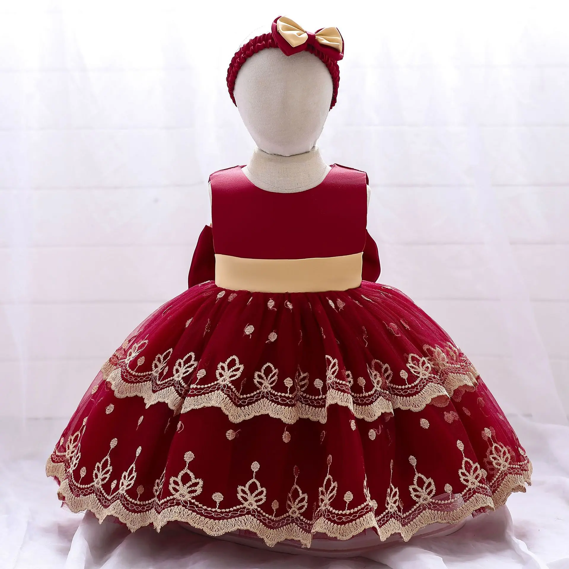 

KEAIYOUHUO Girl's Ceremonial Dress Elegant Tulle Children Costume Bow Headgear Christmas Princess Baby Girl's Red Clothes 3 5Y