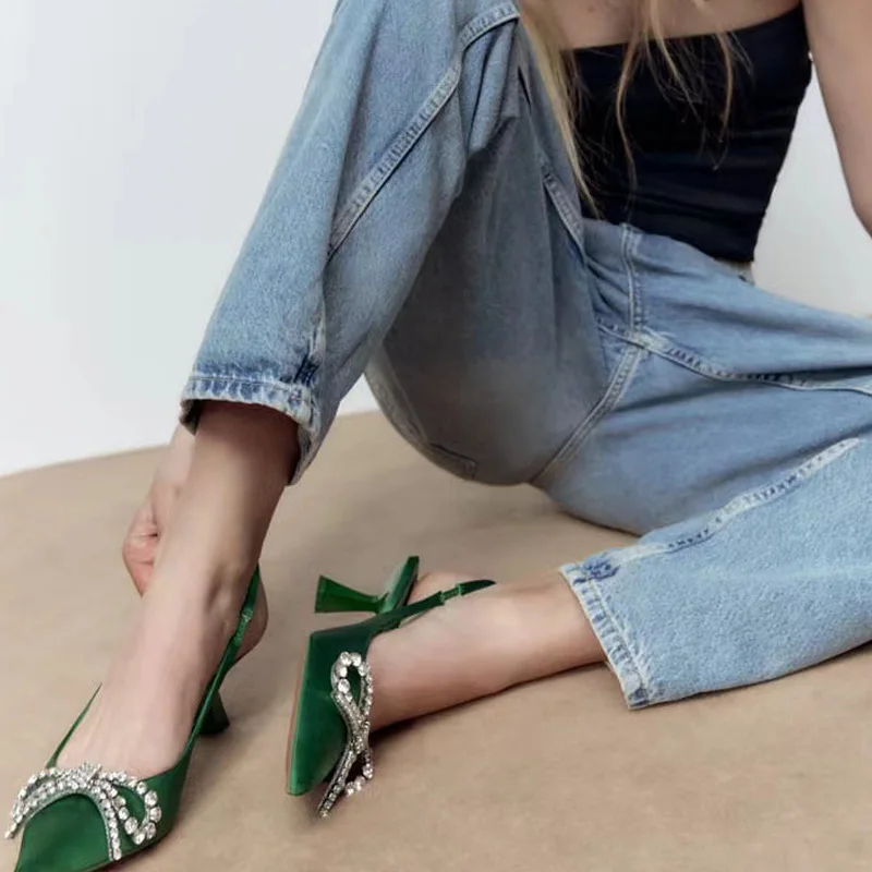 TRAF Green Heeled Sandals Woman Rhinestone Heels Summer 2022 Elegant Bow Ladies Pumps Women High Heels Slingback Lady Shoes