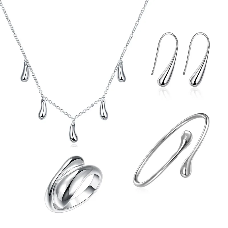 

JINGLIN Wedding Jewelry Set 925 Silver Water Drop Necklace Chain Bracelet Bangle Earrings Rings Sets For Women