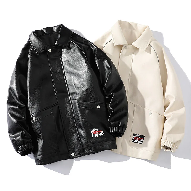 

Daily Lapel Motorcycle Leather Jacket Men's Loose Large Size Casual Faux Leather Jacket Closed Sleeve Windproof Jacket