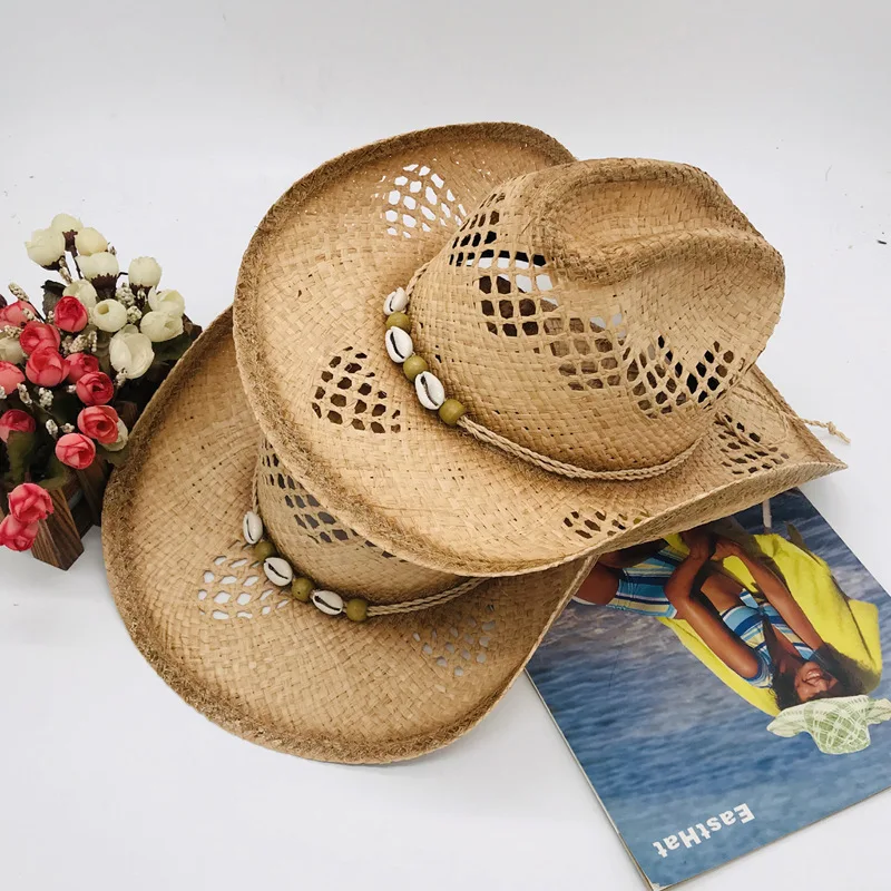 Cowboy straw hat with rolled edges and painted skull accessories for men and women outdoor travel beach hat Cowboy hat