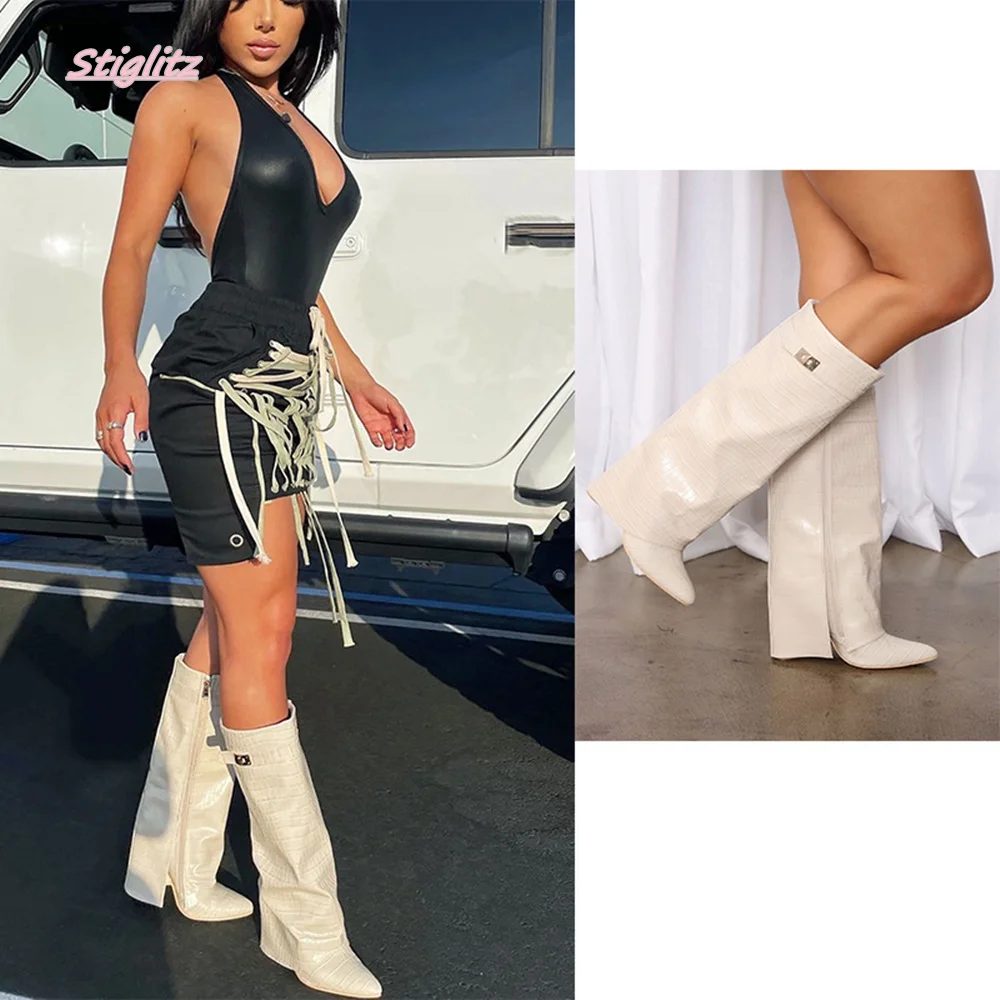 Winter Luxury New Women Boots Patent Leather Round High Heel Pointed Toe Punk Metal Zipper Retro Hollow White Novelty Shoes