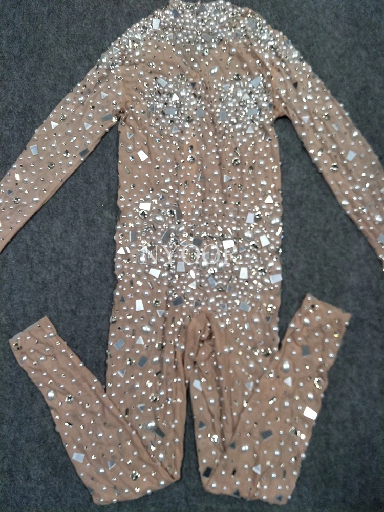 Женский прозрачный комбинезон со стразами жемчугом и молнией на спине S-XL