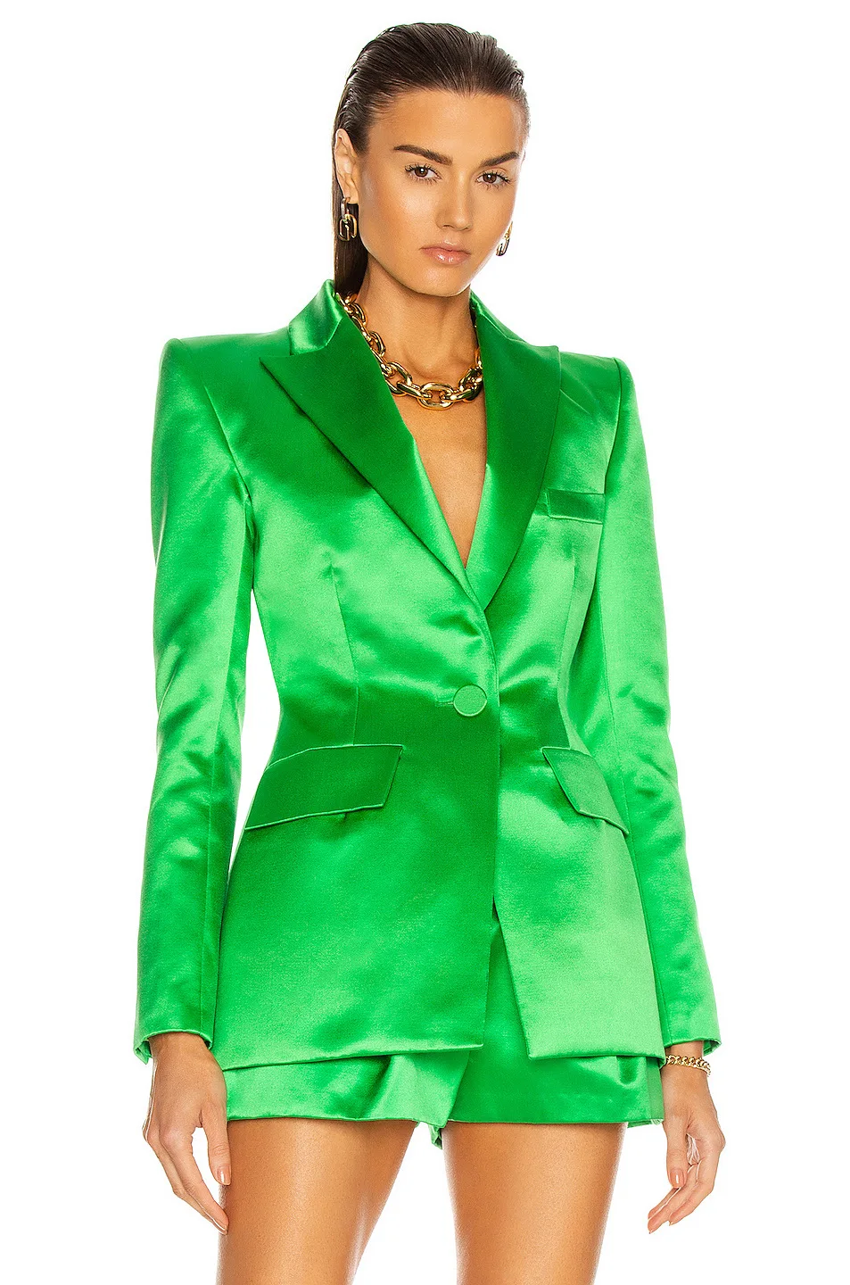 Green Summer Satin Wholesale Custom Made Office Jacket Women's Suits 2Piece Blazer Short Pants Ladies Wedding Party Wear Clothes