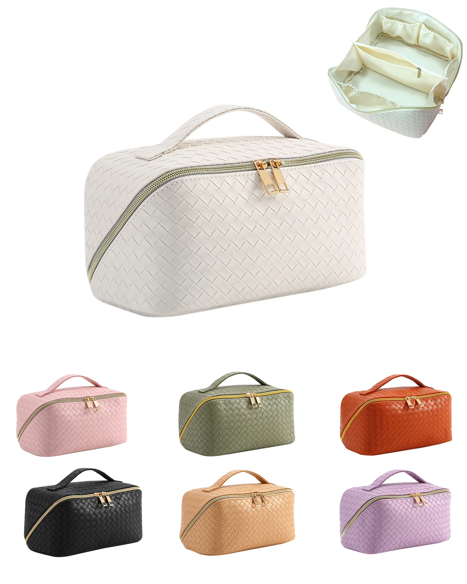 Large Capacity Waterproof PU Leather Makeup Pouch with Weave Pattern Fashion Cosmetic Bag