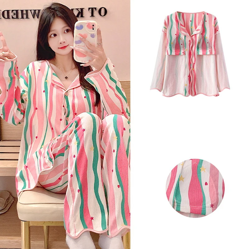 2 шт./комплект женские хлопковые пижамы с длинным рукавом
