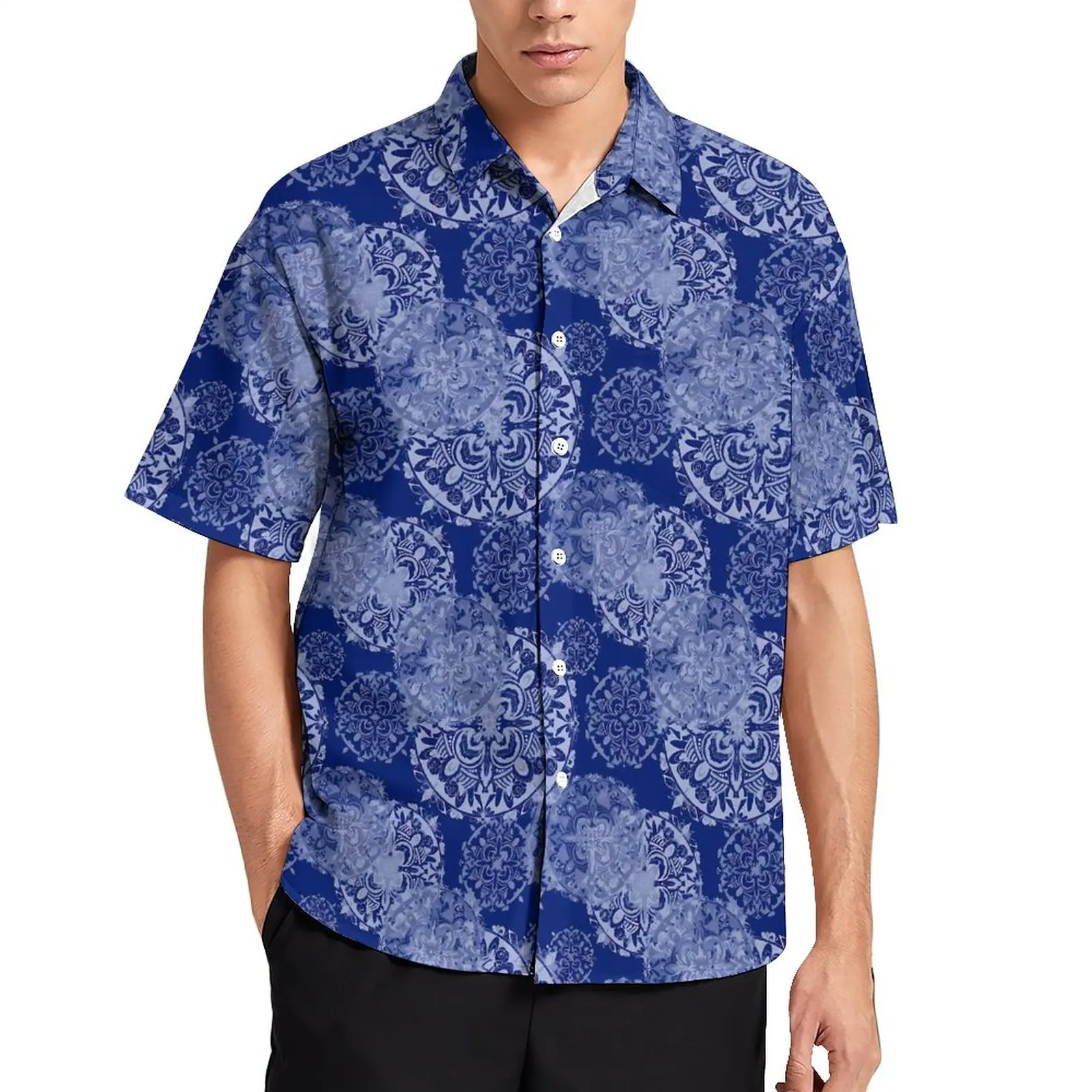 

Boho Mandala Casual Shirt Blue Retro Floral Vacation Loose Shirt Hawaiian Streetwear Blouses Short Sleeve Oversized Clothing