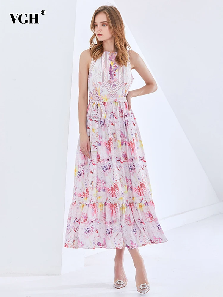 

VGH A Line Floral Dresses For Women Round Neck Sleeveless Off Shoulder High Waist Spliced Belt Printing Folds Dress Female New