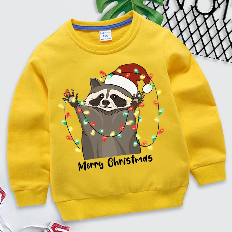 3-15Years Old Christmas Raccoon Cartoon Print Boy Clothing Hoodies Autumn Children's Girls Tops Clothing Long Sleeve Sweatshirts images - 6