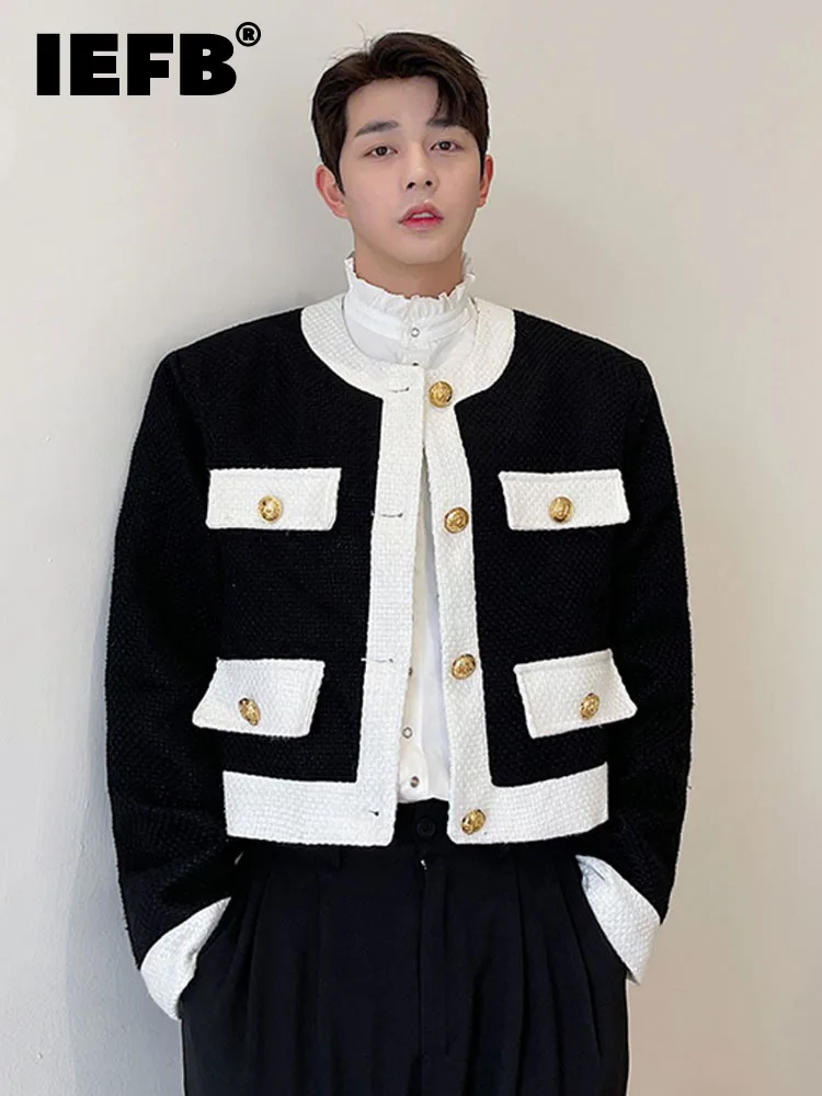 

IEFB Light Luxury Style Black And White Color Blocking Knit Men's Casual Suit Korean Style 2022 New Fashionable Short Jacket