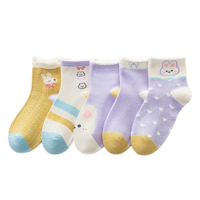 5 pairs of spring and summer children's socks, mesh socks, thin cute bunny flower cotton socks, lace princess girls' socks