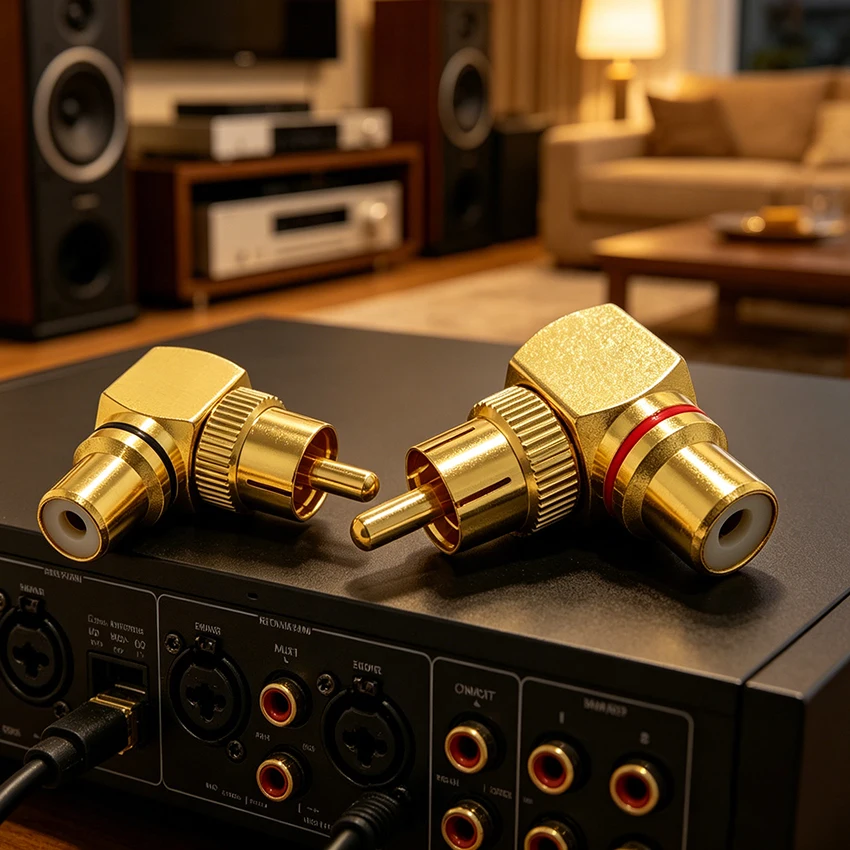 Фото Медный L-образный RCA-разъем (90 градусов) для аудио- и видеооборудования: переходник с штекером на гнездо №2