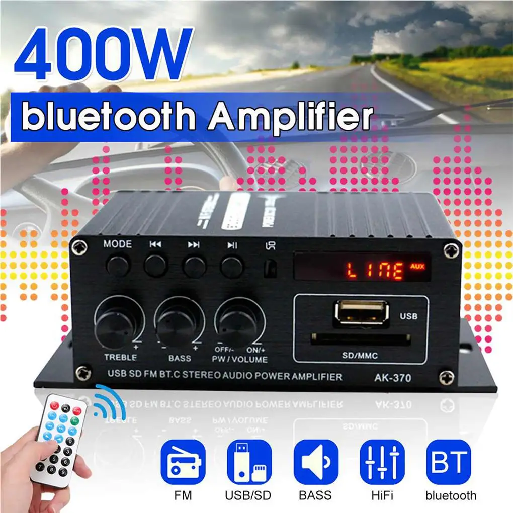 

Audio Power Amplifier Bluetooth 2 Channels Stereo Digital Car Amplifier with Remote Control for Home Outdoor