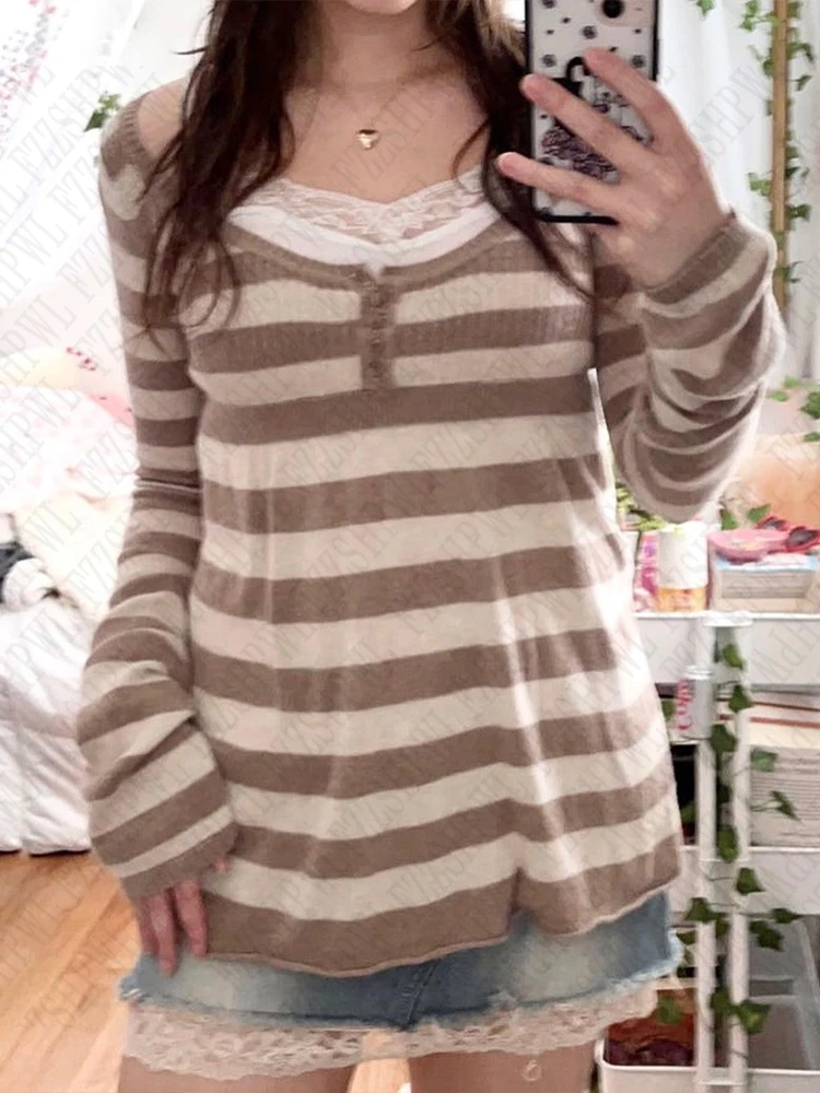 Полосатый свитер с повседневным узором хлопковый шикарный гранж-панк Y2K топ