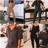 casual women solid sportswear suit summer v neck button short sleeve polo and drawstring pant two piceses sets outdoor tracksuit