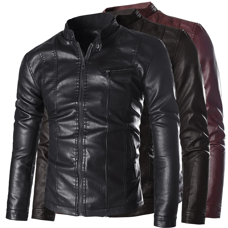 

Pure Color Men Motorcycle Coats 2022 New Black Fashion Simple Stand Collar Faux Leather Jacket Homme Casual Gathering Tops