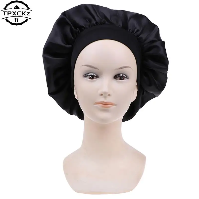 58cm Long Hair Care Women Satin Bonnet Cap Night Sleep Hat Silk Head Wrap Adjust Shower Caps Knitted Cap Solid Color