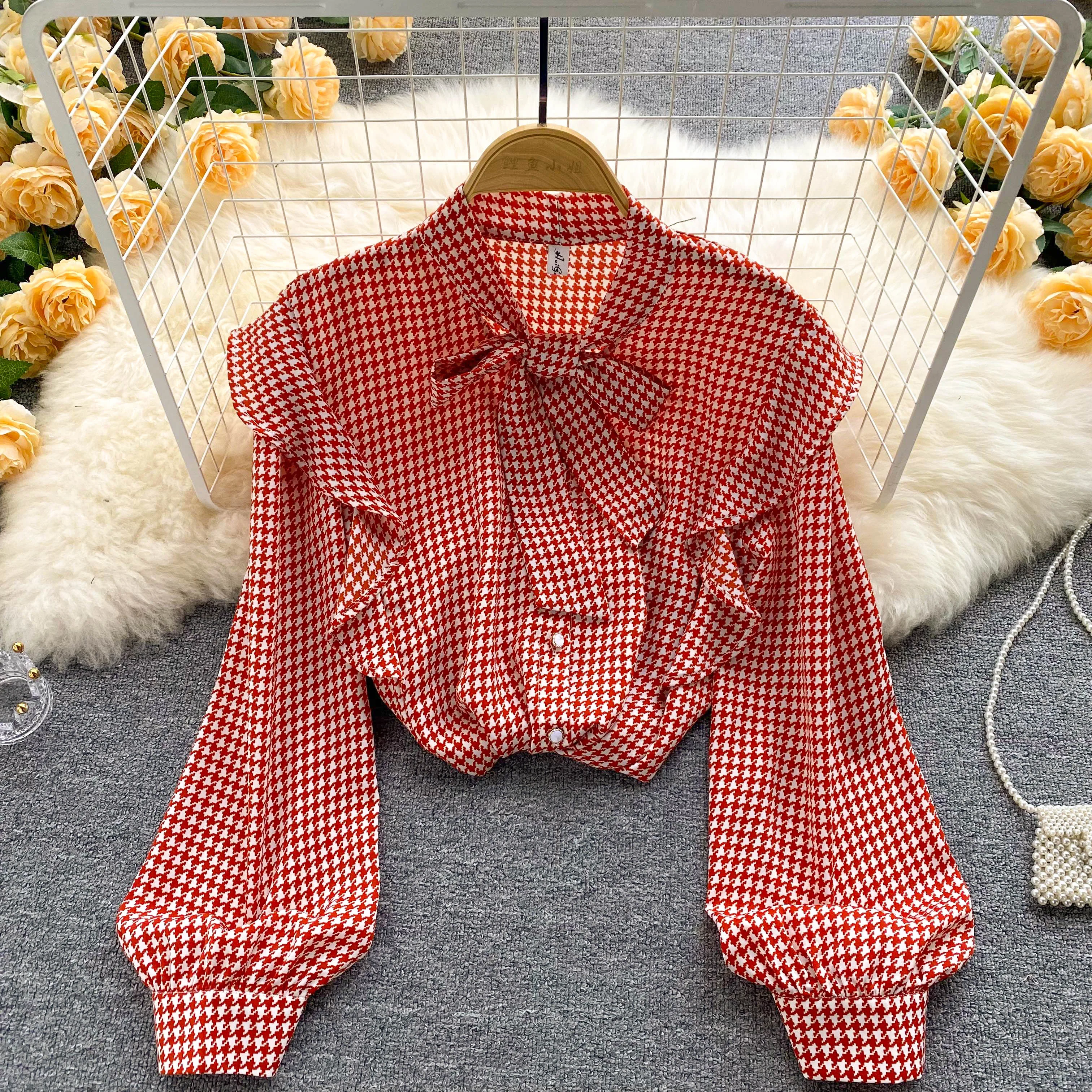 

Autumn New Bird Check Sweet Small Fresh Temperament Loose Loose Hundred with Age Reduction Ruffle Long-sleeved Shirt Woman